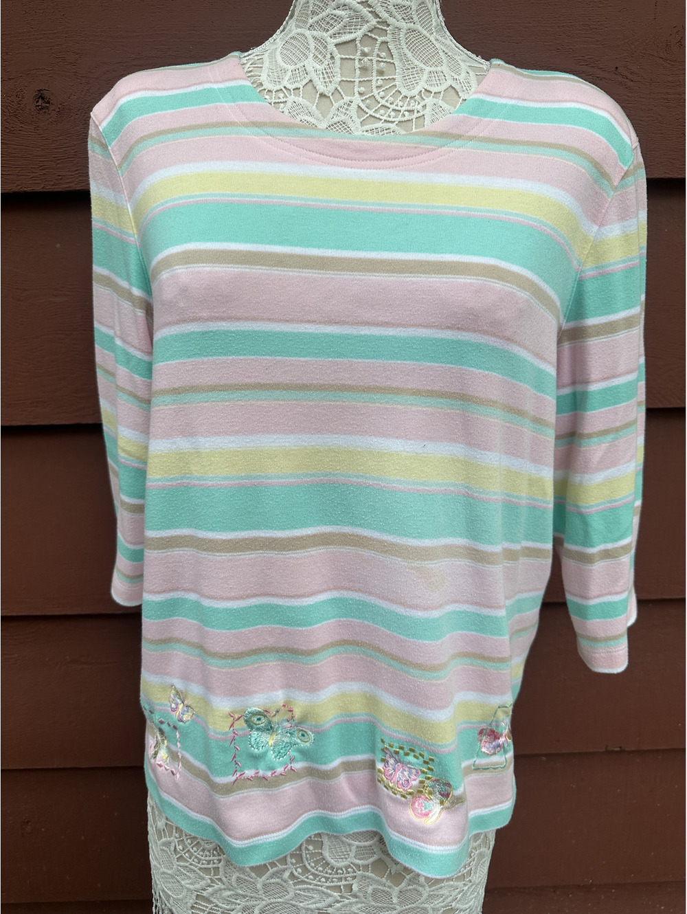 Koret Vintage Pastel Striped Embroidered Butterfly Top Y2K Fairycore Cottagecore